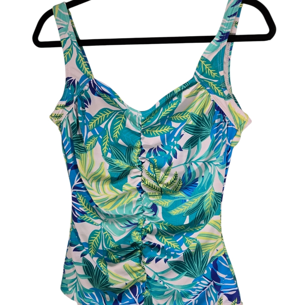 Tropical Leaf Ruched One-Piece Swimsuit - Blue/Green - Picture 2 of 8